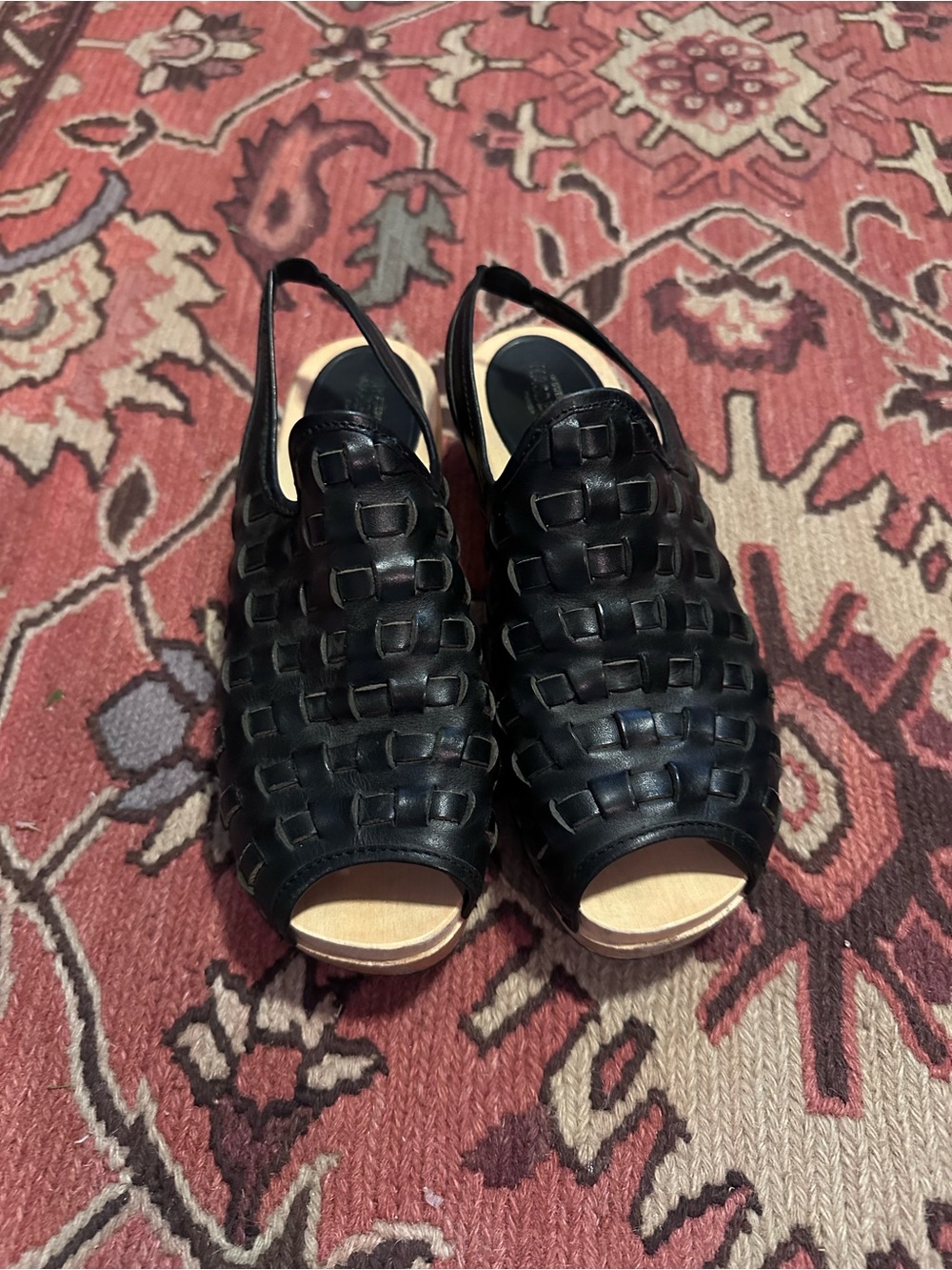 Swedish Hasbeens Black Woven Peep-Toe Slingback Women's Sandals